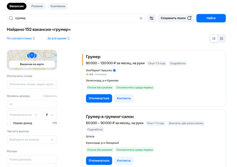 Почти половина всех вакансий грумера — в Москве и Московской области